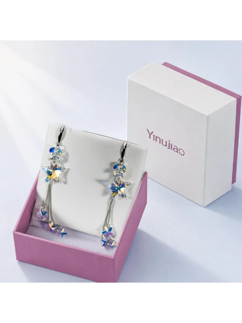 Handmade 925 Sterling Silver Star Drop Earrings with Aurora Borealis Crystals